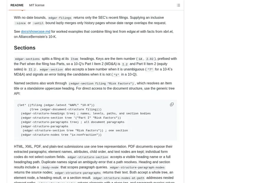 Screenshot of edgar.el — Read SEC EDGAR filings in Emacs (requires xbrl.el)