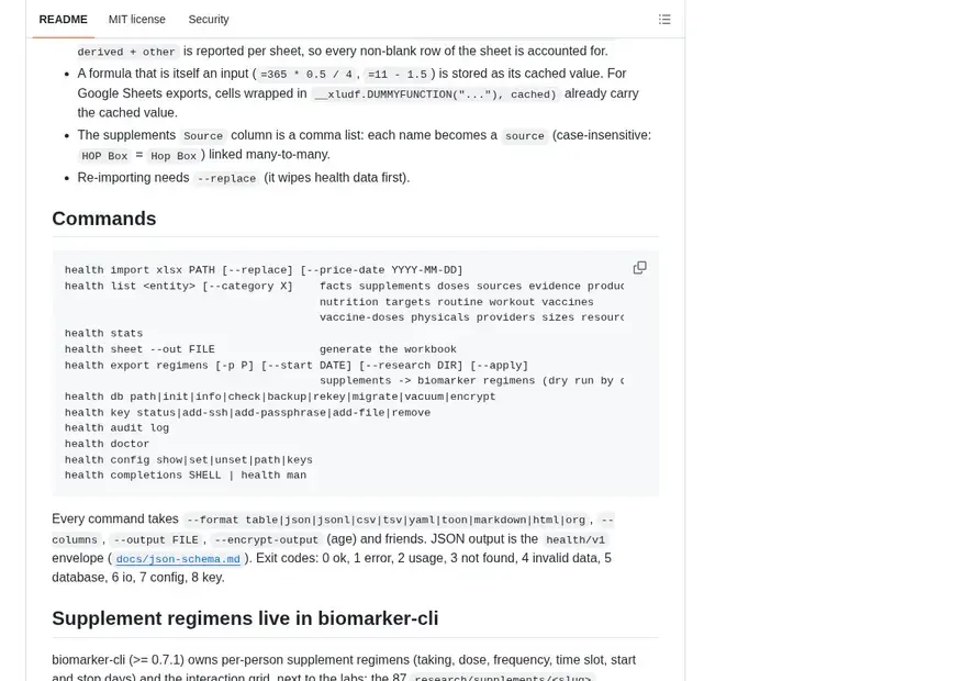 Screenshot of health-cli — health data store + workbook generator