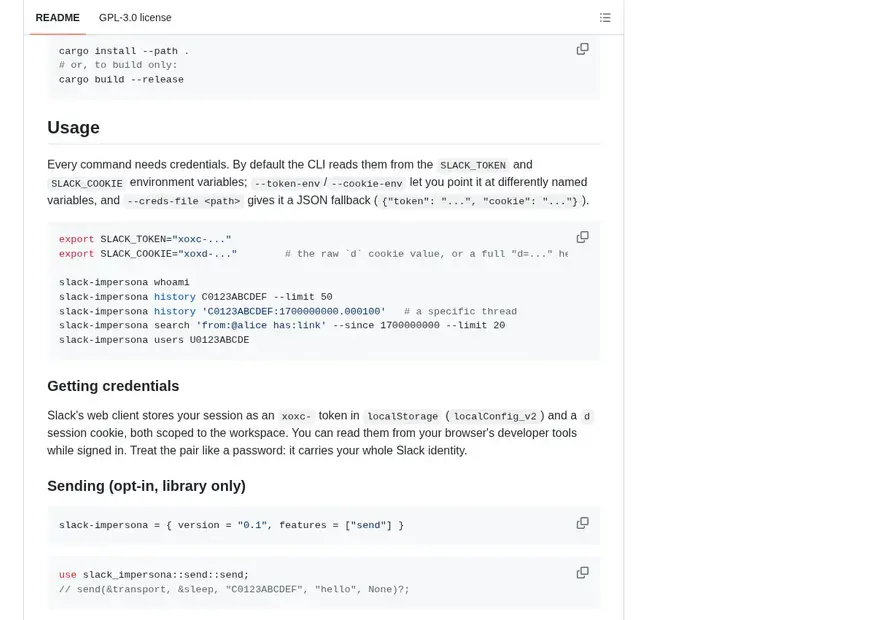 Screenshot of slack-impersona-rs — Rust library and CLI for Slack's Web API as a signed-in user (xoxc token + d cookie); read-only by default, no Slack app