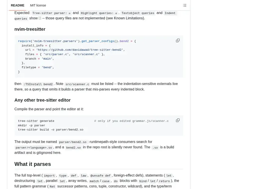Screenshot of tree-sitter-bend2 — Tree-sitter grammar for Bend 2 (bendlang/bend) — vendored by Helix, nvim-treesitter, and bend.vim