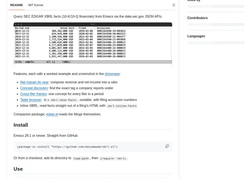Screenshot of xbrl.el — SEC XBRL financial facts for Emacs (data.sec.gov JSON APIs)
