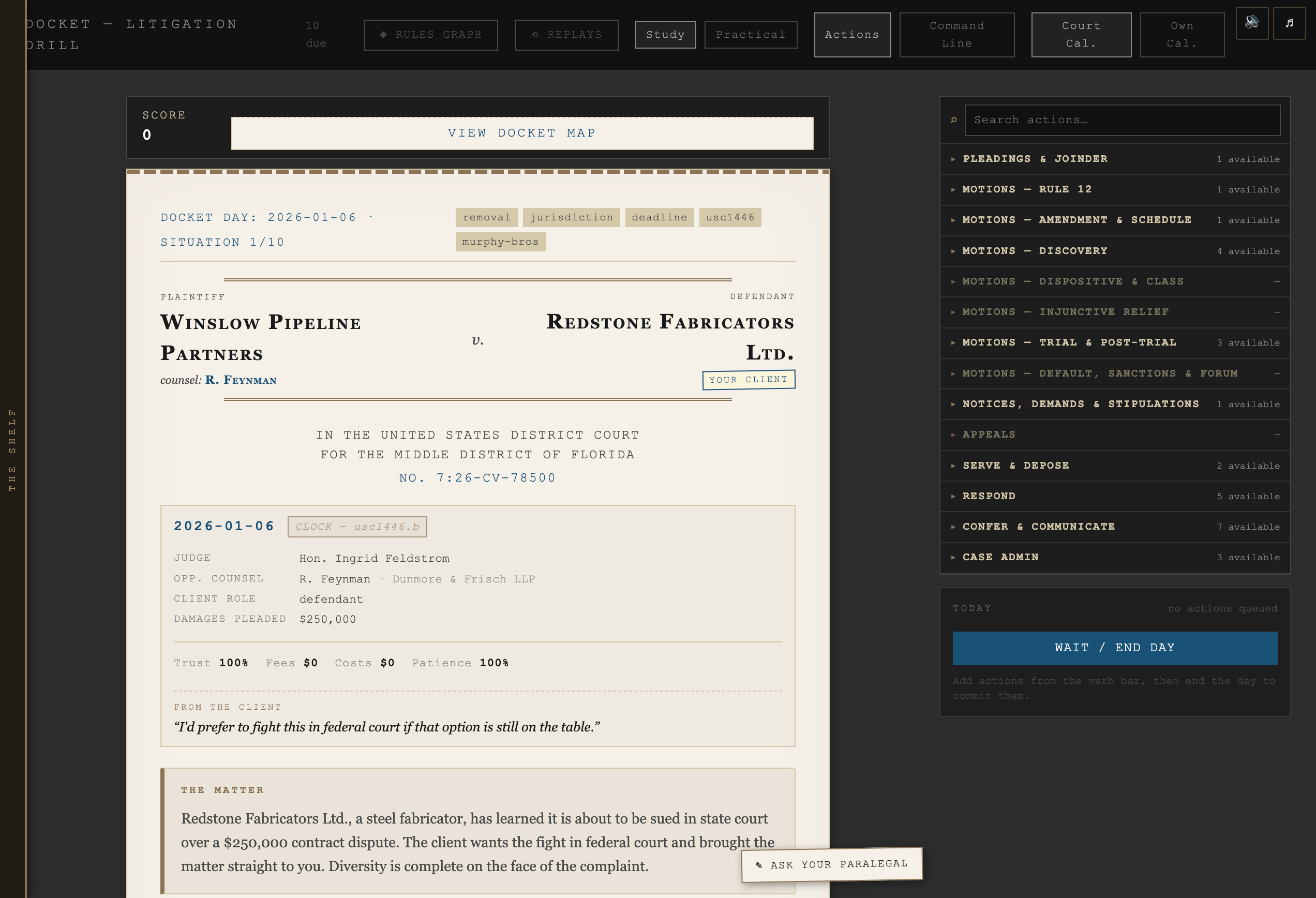 Screenshot of Civ Pro: The Gathering — Papers, Please for the Federal Rules of Civil Procedure — drill litigation situations, get sanctioned by rule and subsection when you blow one.