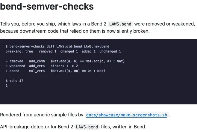 Screenshot of bend-semver-checks — cargo-semver-checks for Bend 2: diffs two versions of a LAWS.bend and flags removed or weakened laws (written in Bend).