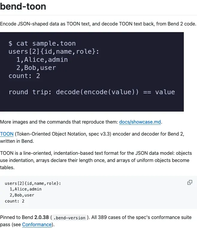 Screenshot of bend-toon — TOON (spec v3.3) encoder and decoder for Bend 2; passes all 389 conformance cases (written in Bend).