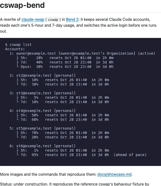 Screenshot of cswap-bend — claude-swap rewritten in Bend 2: keeps several Claude Code accounts, reads each one's 5-hour and 7-day usage, and switches the active login before one runs out.